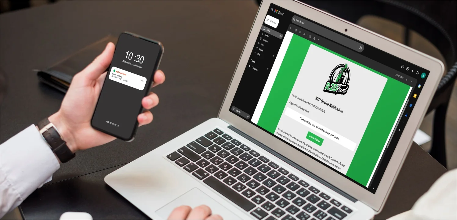 R2D Fuel instant SMS and email alert notifications displayed on mobile phone and laptop for unauthorized fuel activity