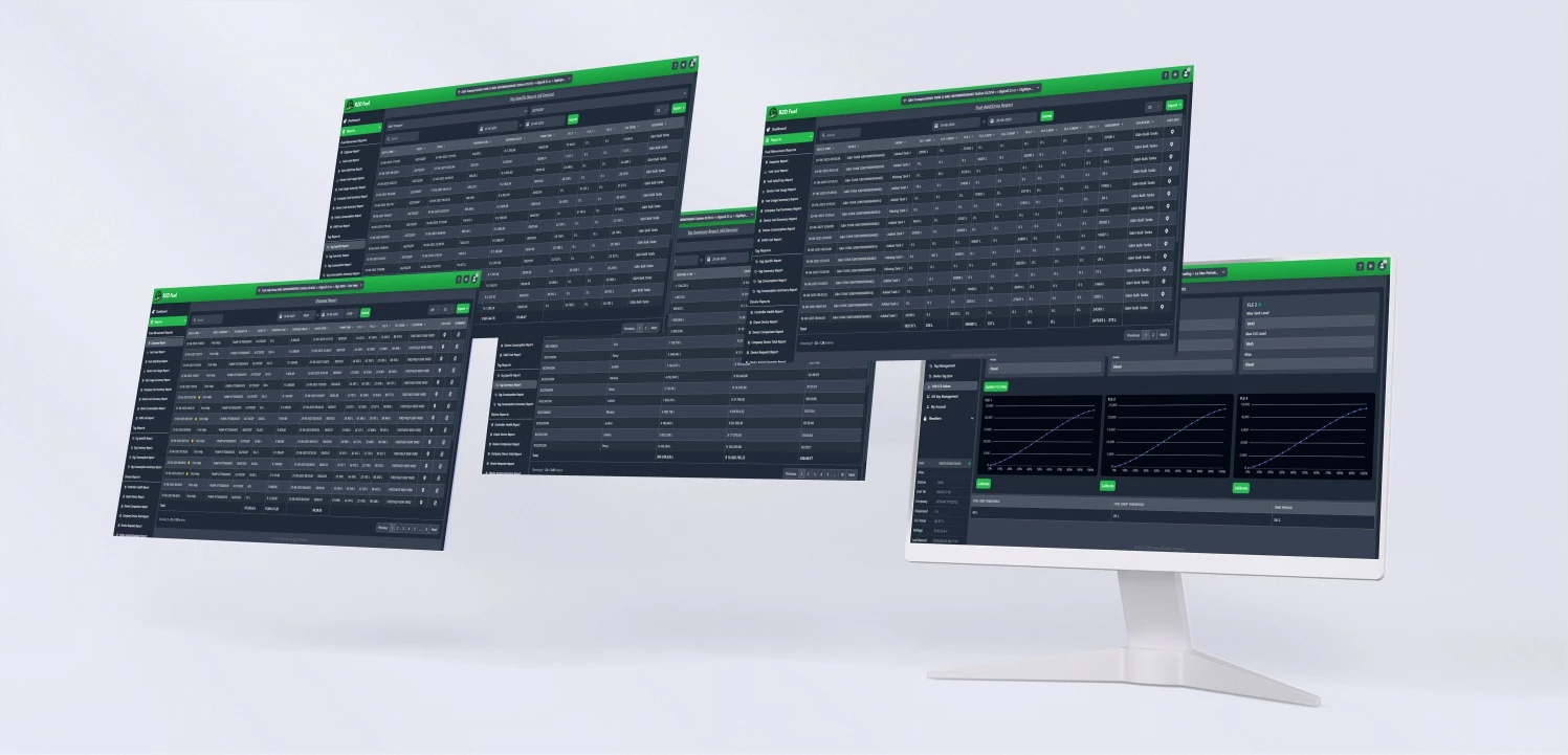 R2D Fuel comprehensive reporting suite showing fuel consumption analytics, dispense reports, and management dashboards